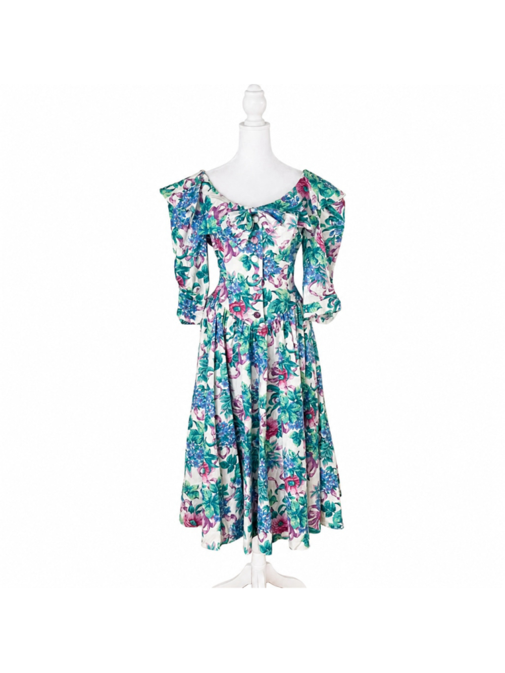 Expo VTG 80s Floral Puffy Sleeve Garden Romantic Cottagecore Midi Dress Sz 10